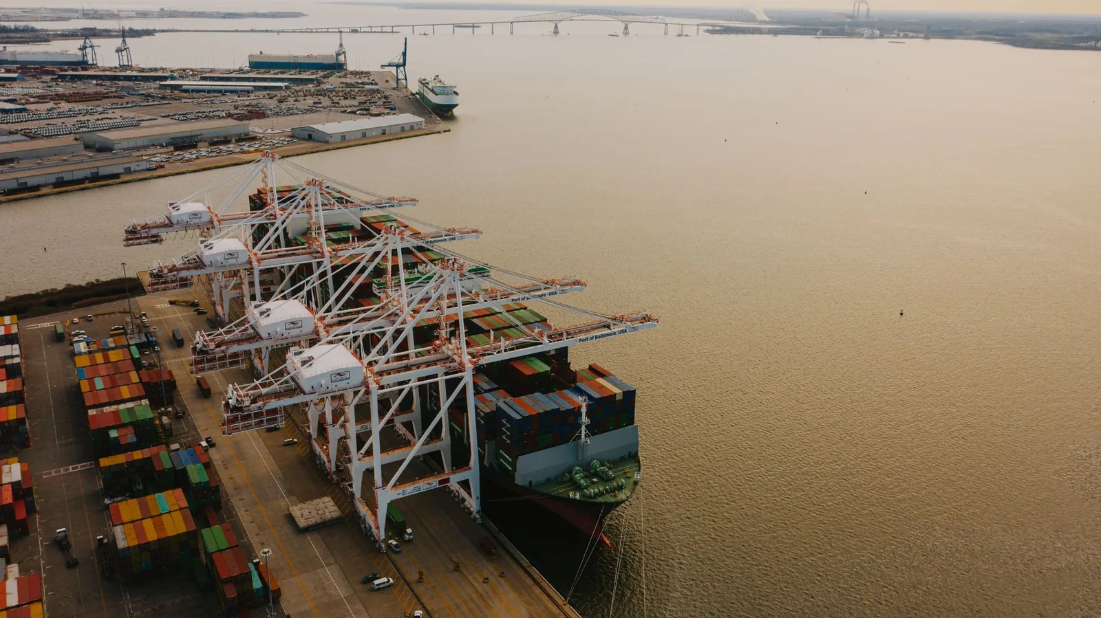 Container terminal with a vessel, cranes, and stacked containers